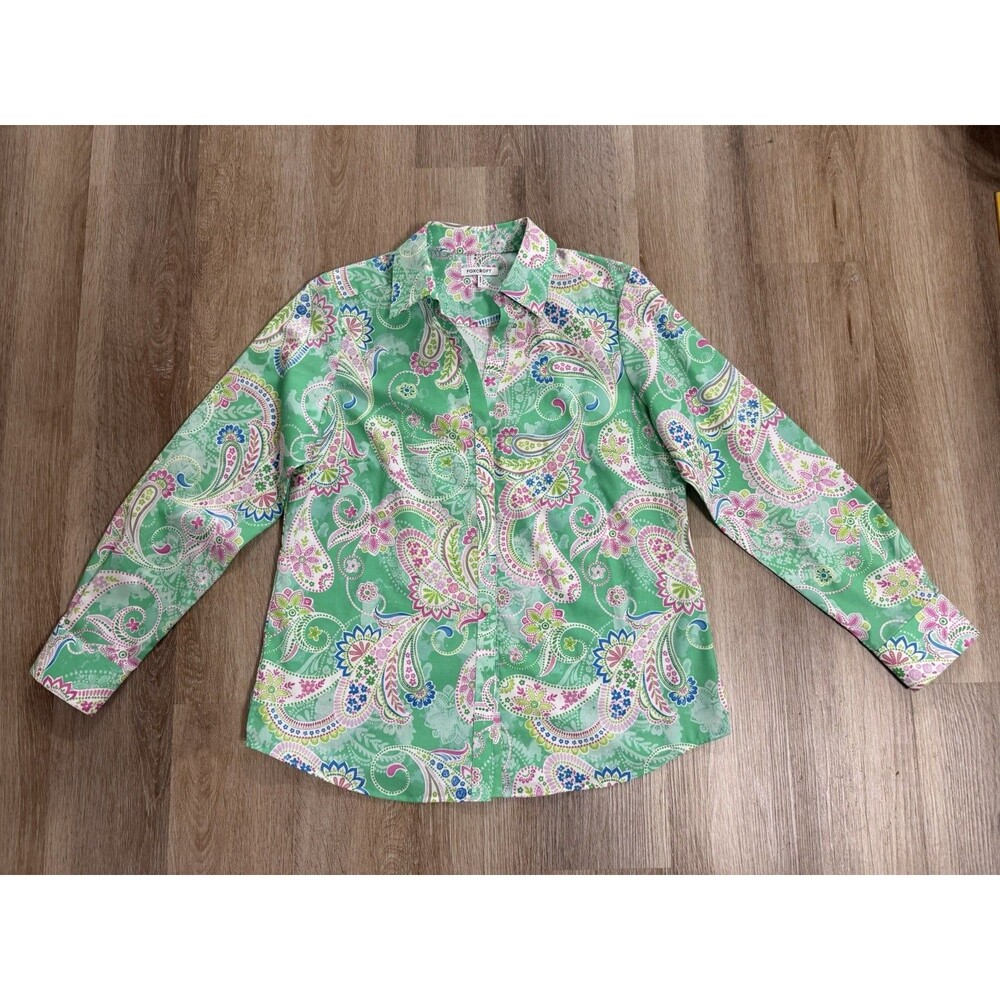 Foxcroft Button Shirt Womens Size 12 Vibrant Paisley Green Pink Long Sleeve
